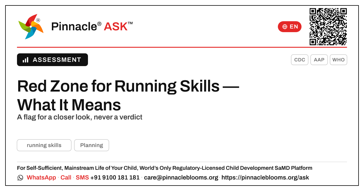 What a Red Zone for Running Skills Means — Pinnacle Ask answer card with a short explanation and QR link