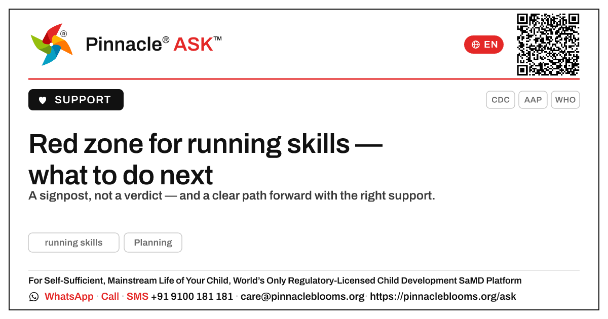 Red zone for running skills — next steps — Pinnacle Ask answer card with a short explanation and QR link