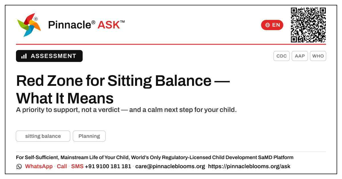 Red Zone for Sitting Balance — What It Means — Pinnacle Ask answer card with a short explanation and QR link