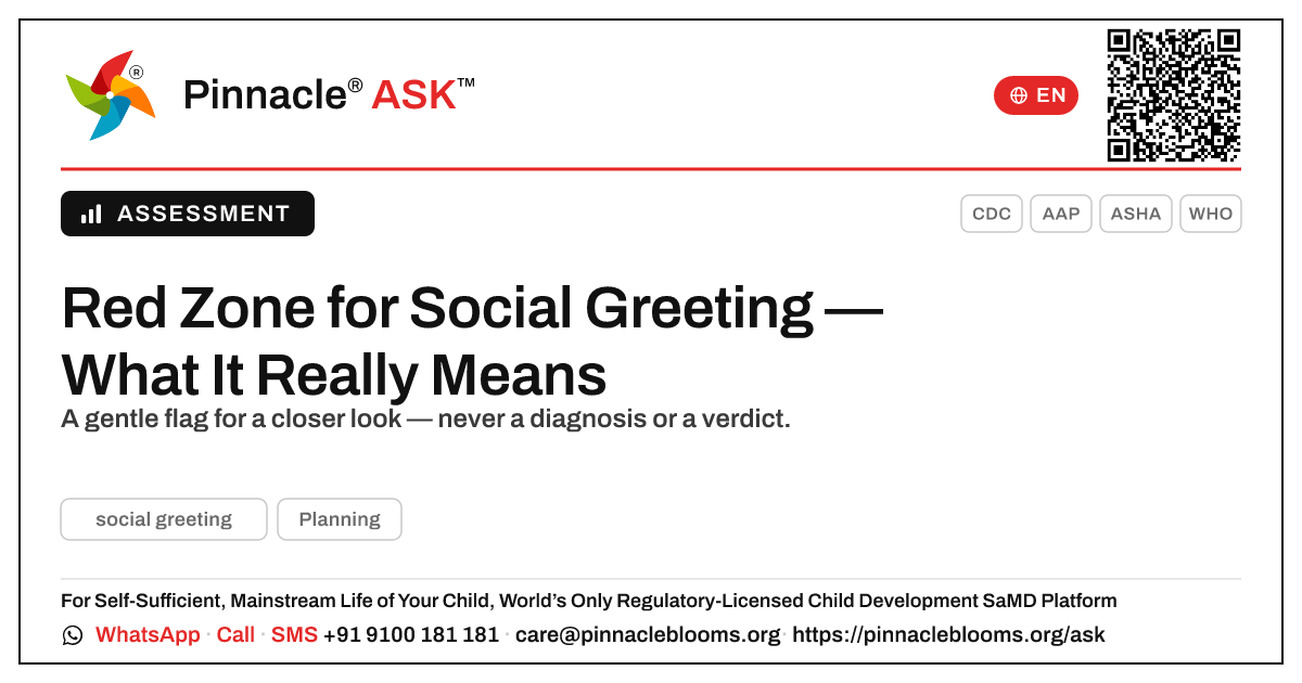 Red Zone for Social Greeting — What It Means — Pinnacle Ask answer card with a short explanation and QR link
