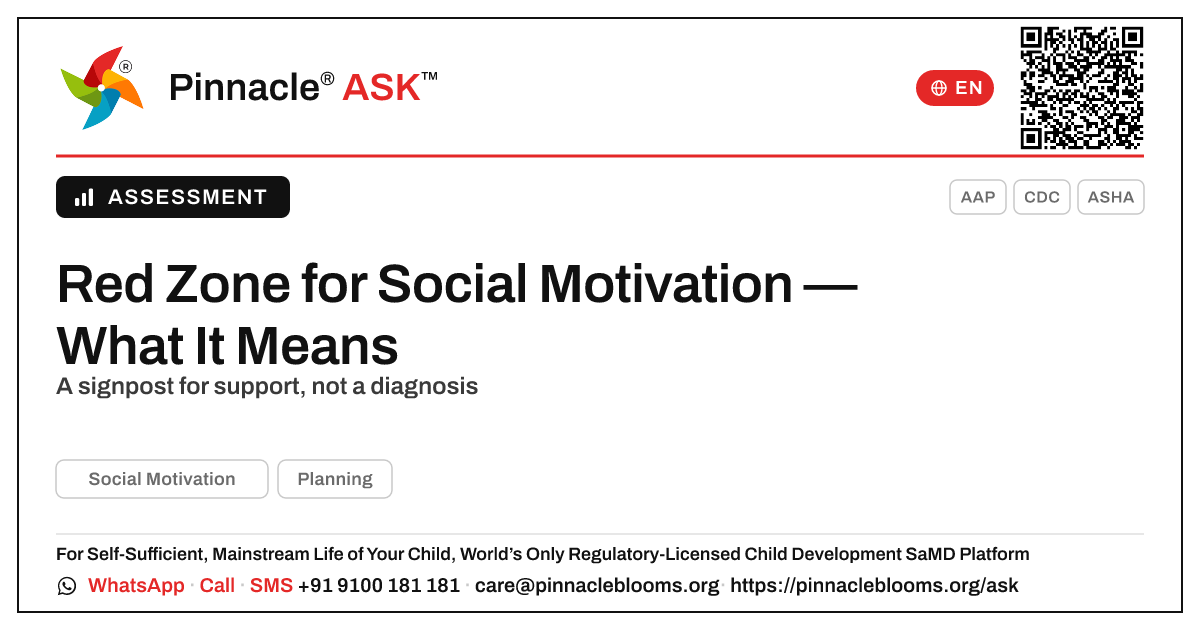 What a red zone for Social Motivation means — Pinnacle Ask answer card with a short explanation and QR link