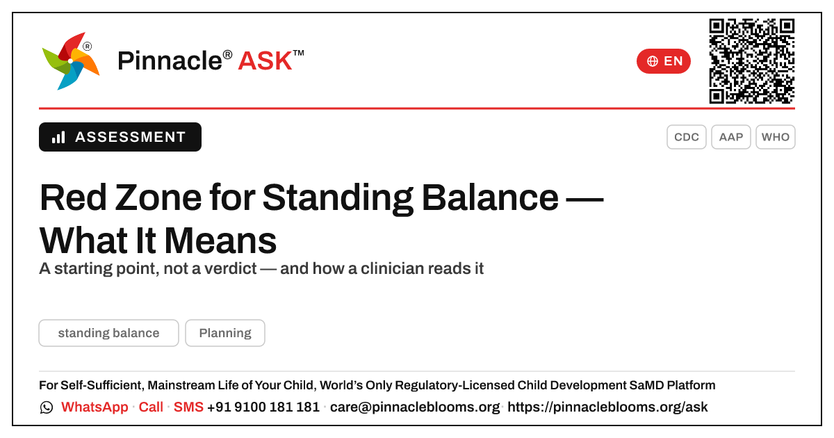 Red Zone for Standing Balance — What It Means — Pinnacle Ask answer card with a short explanation and QR link