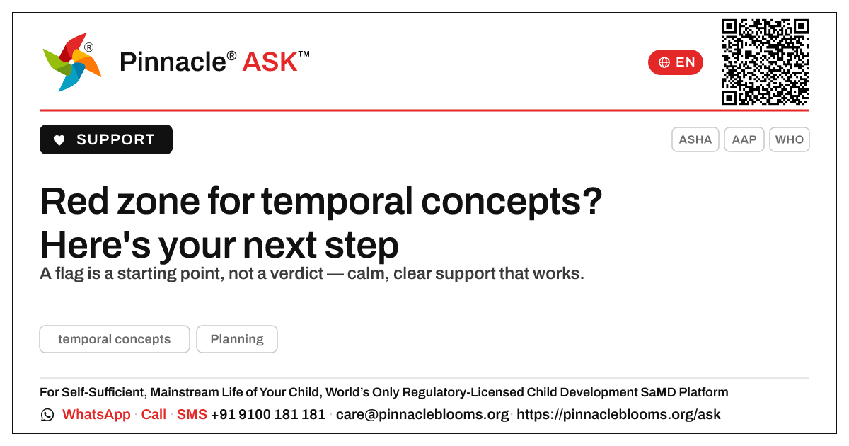 Red zone for temporal concepts — your next steps — Pinnacle Ask answer card with a short explanation and QR link
