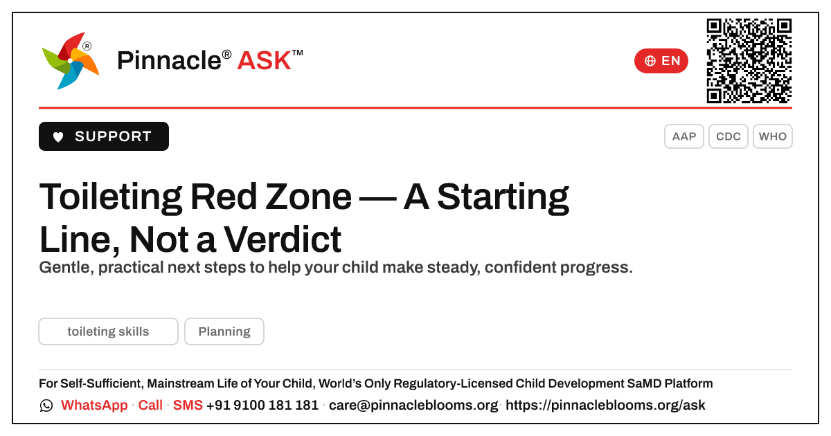 Toileting Skills Red Zone — Your Next Steps — Pinnacle Ask answer card with a short explanation and QR link