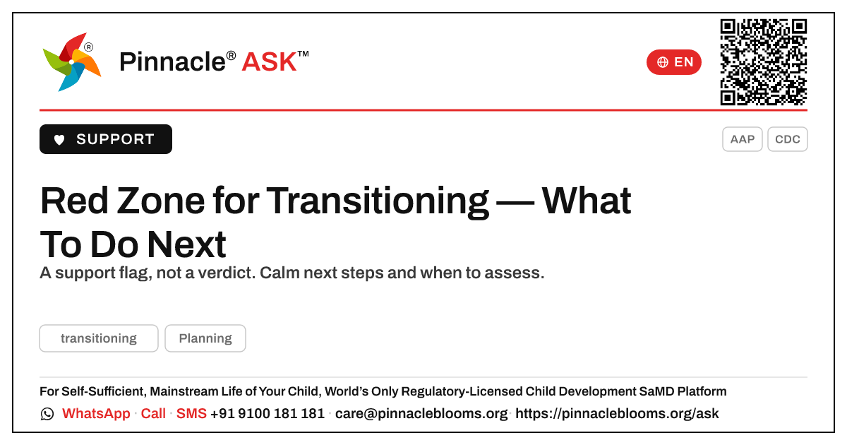 Red Zone for Transitioning — Your Next Steps — Pinnacle Ask answer card with a short explanation and QR link
