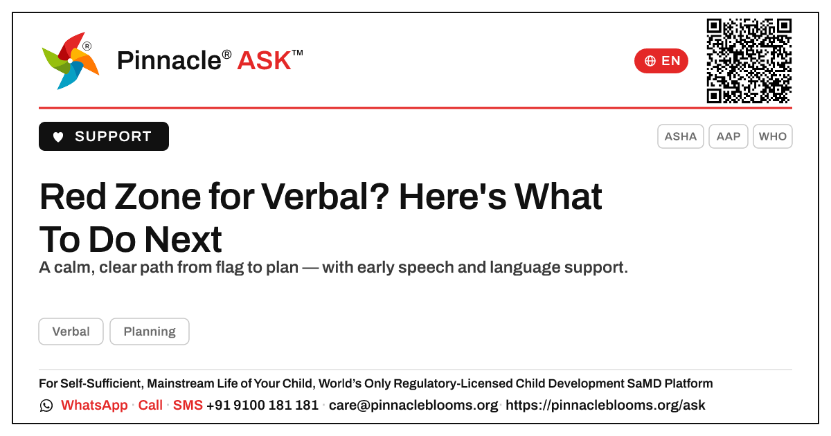 Red Zone for Verbal — Your Next Steps — Pinnacle Ask answer card with a short explanation and QR link