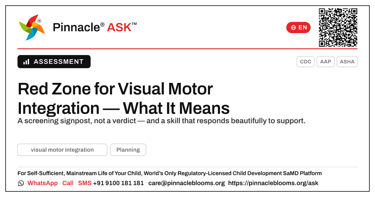 What a red zone for visual motor integration means — Pinnacle Ask answer card with a short explanation and QR link