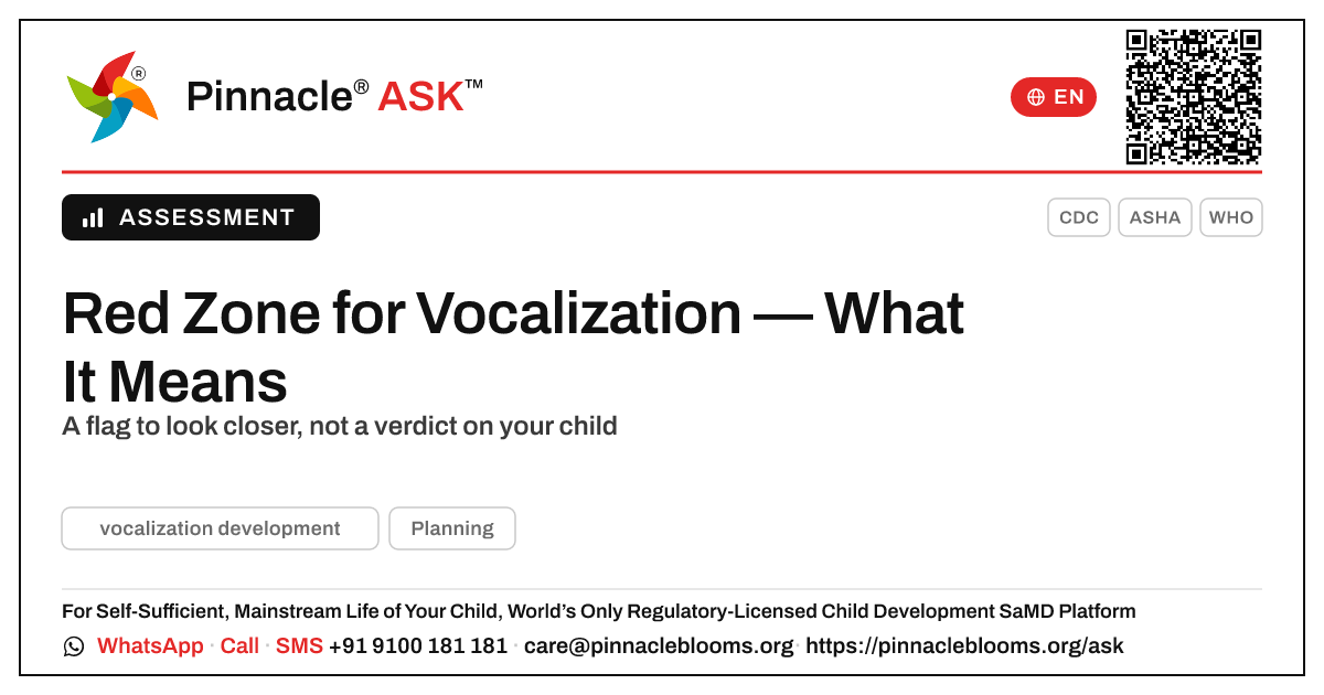 What a red zone for vocalization development means — Pinnacle Ask answer card with a short explanation and QR link