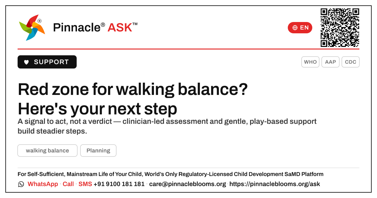 Red zone for walking balance — what to do next — Pinnacle Ask answer card with a short explanation and QR link