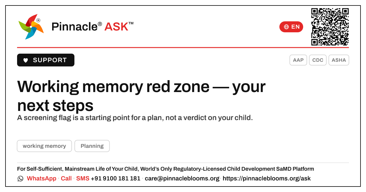 Working memory red zone — what to do next — Pinnacle Ask answer card with a short explanation and QR link