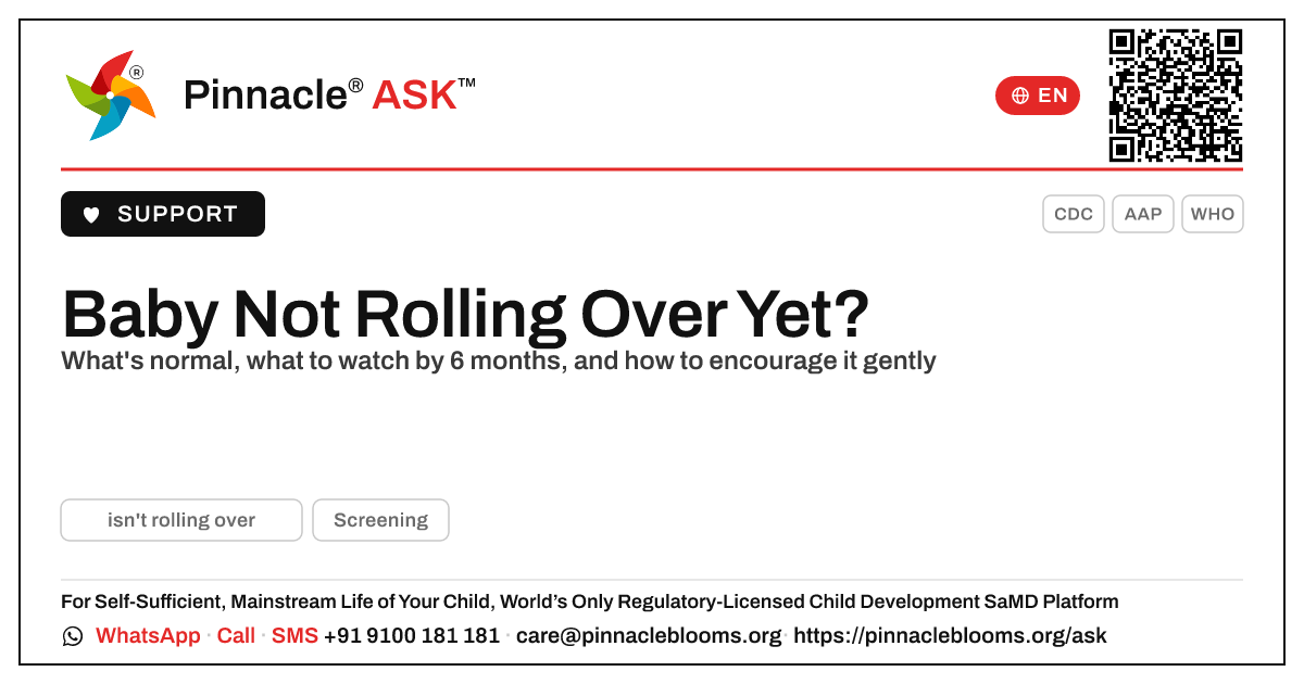 My child isn't rolling over — should I be worried? — Pinnacle Ask answer card with a short explanation and QR link