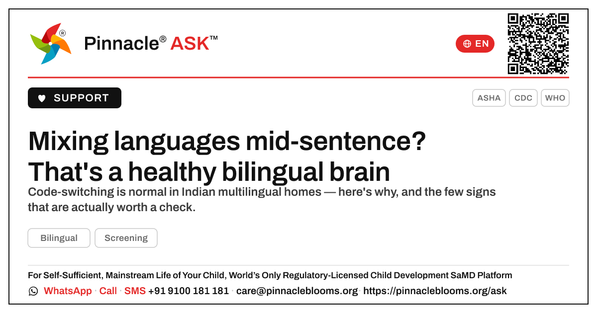 My child mixes languages in one sentence — is that normal? — Pinnacle Ask answer card with a short explanation and QR link