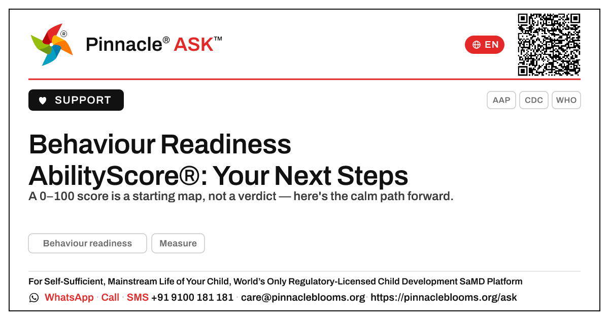 Behaviour Readiness AbilityScore® (0–100): What to Do Next — Pinnacle Ask answer card with a short explanation and QR link