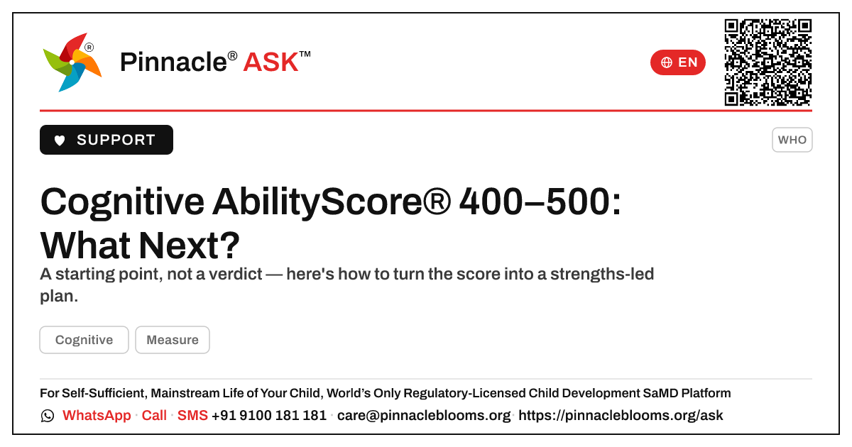 Cognitive AbilityScore® 400–500 — What Are the Next Steps? — Pinnacle Ask answer card with a short explanation and QR link