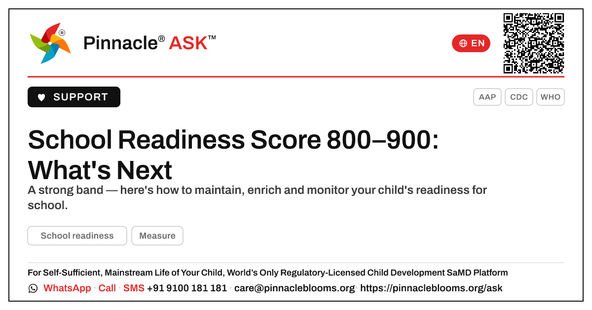 School Readiness AbilityScore® 800–900: Next Steps — Pinnacle Ask answer card with a short explanation and QR link