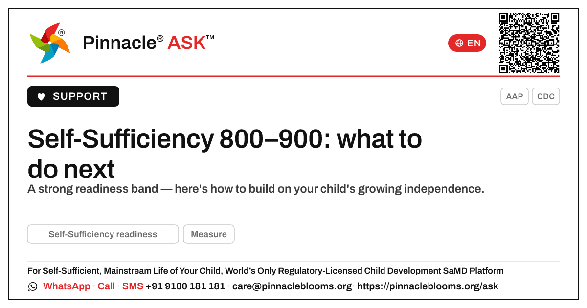 Self-Sufficiency readiness 800–900 band: next steps — Pinnacle Ask answer card with a short explanation and QR link