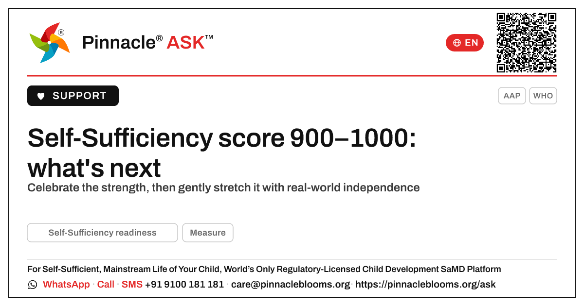 Self-Sufficiency readiness score 900–1000: next steps — Pinnacle Ask answer card with a short explanation and QR link