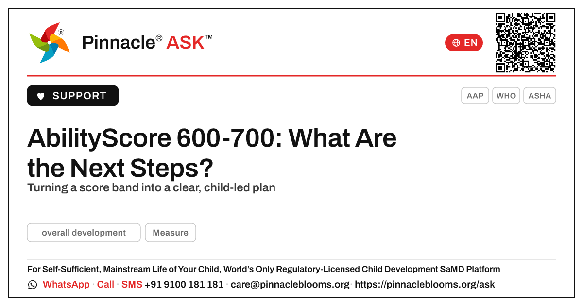 Overall AbilityScore 600-700: Your Next Steps — Pinnacle Ask answer card with a short explanation and QR link