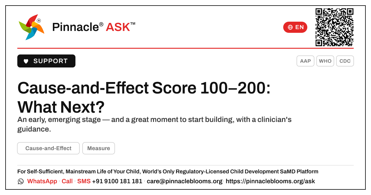 Cause-and-Effect AbilityScore 100–200: Next Steps — Pinnacle Ask answer card with a short explanation and QR link