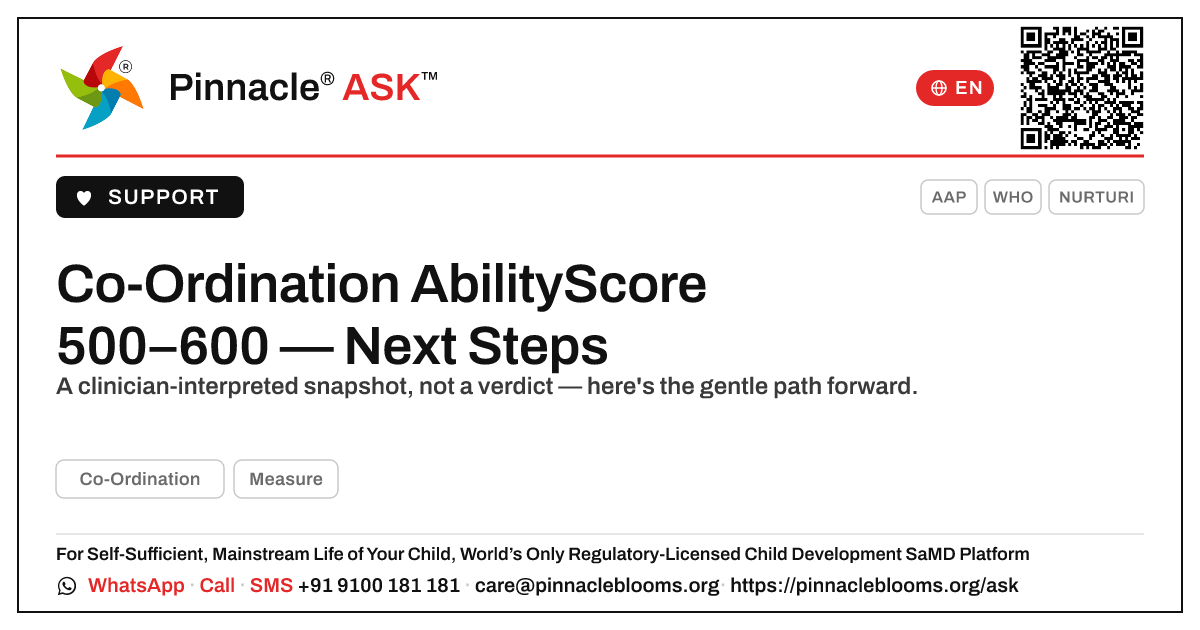 Co-Ordination AbilityScore 500–600 — What Next? — Pinnacle Ask answer card with a short explanation and QR link