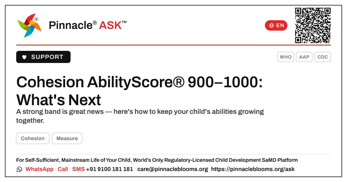 Cohesion AbilityScore® 900–1000: Your Next Steps — Pinnacle Ask answer card with a short explanation and QR link