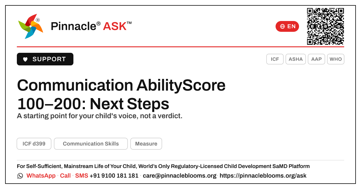 Communication Skills AbilityScore 100–200 — Next Steps — Pinnacle Ask answer card with a short explanation and QR link