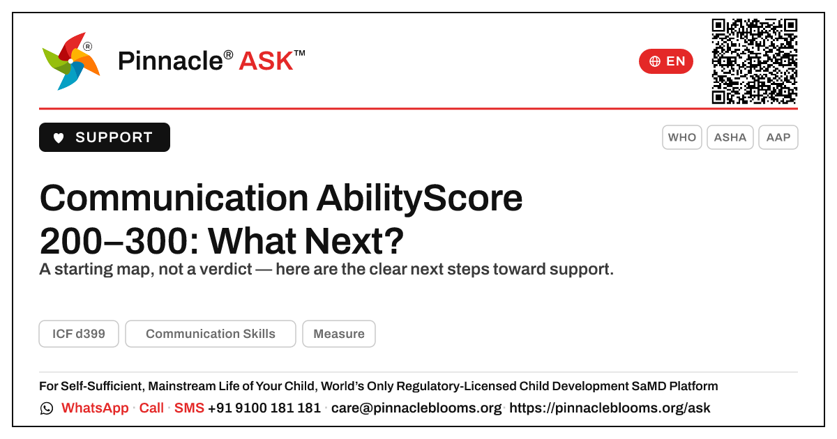 Communication Skills AbilityScore 200–300 — Next Steps — Pinnacle Ask answer card with a short explanation and QR link