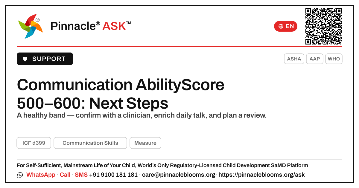 Communication Skills AbilityScore 500–600 — Next Steps — Pinnacle Ask answer card with a short explanation and QR link