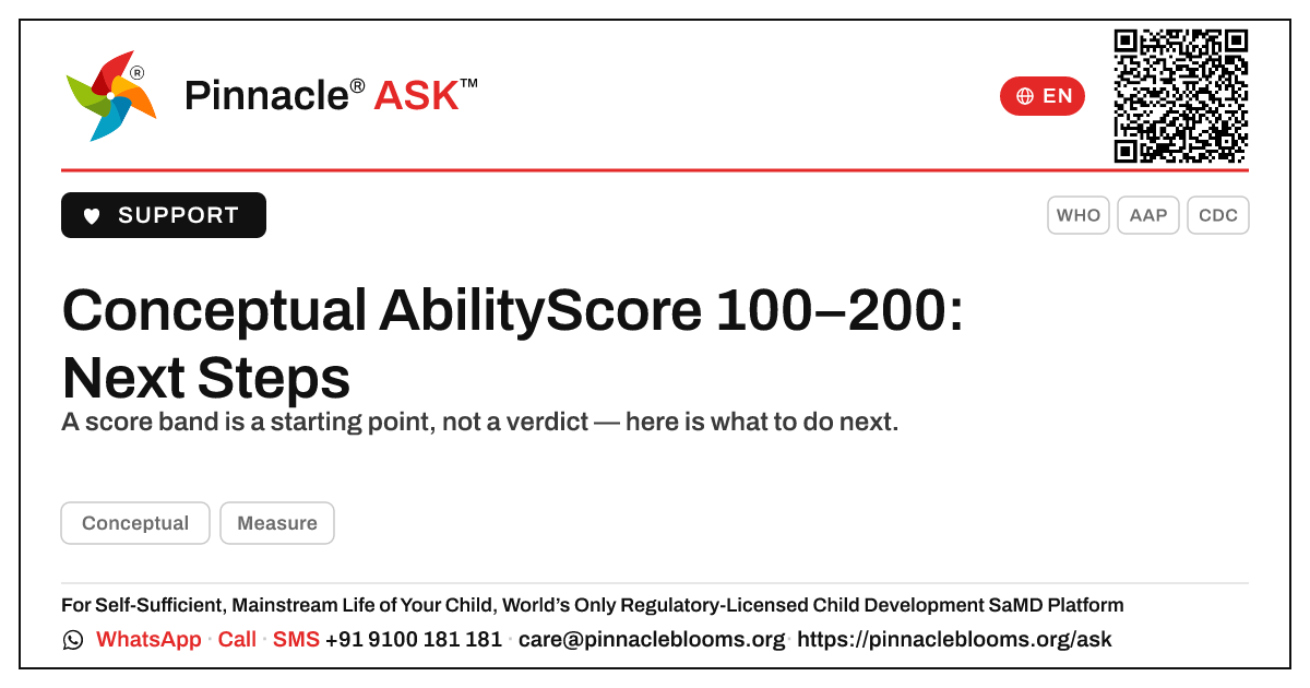 Conceptual AbilityScore 100–200 — what are the next steps? — Pinnacle Ask answer card with a short explanation and QR link