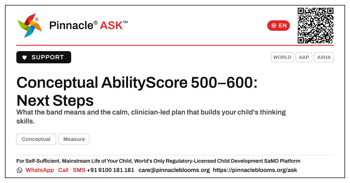 Conceptual AbilityScore 500–600 — what are the next steps? — Pinnacle Ask answer card with a short explanation and QR link