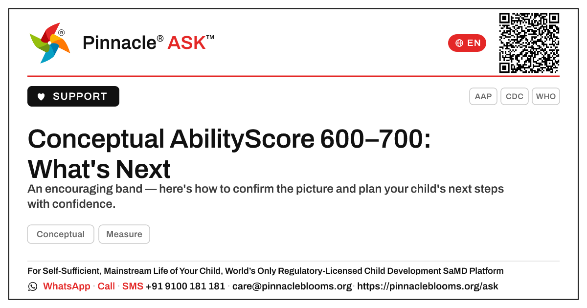 Conceptual AbilityScore 600–700: Your Next Steps — Pinnacle Ask answer card with a short explanation and QR link