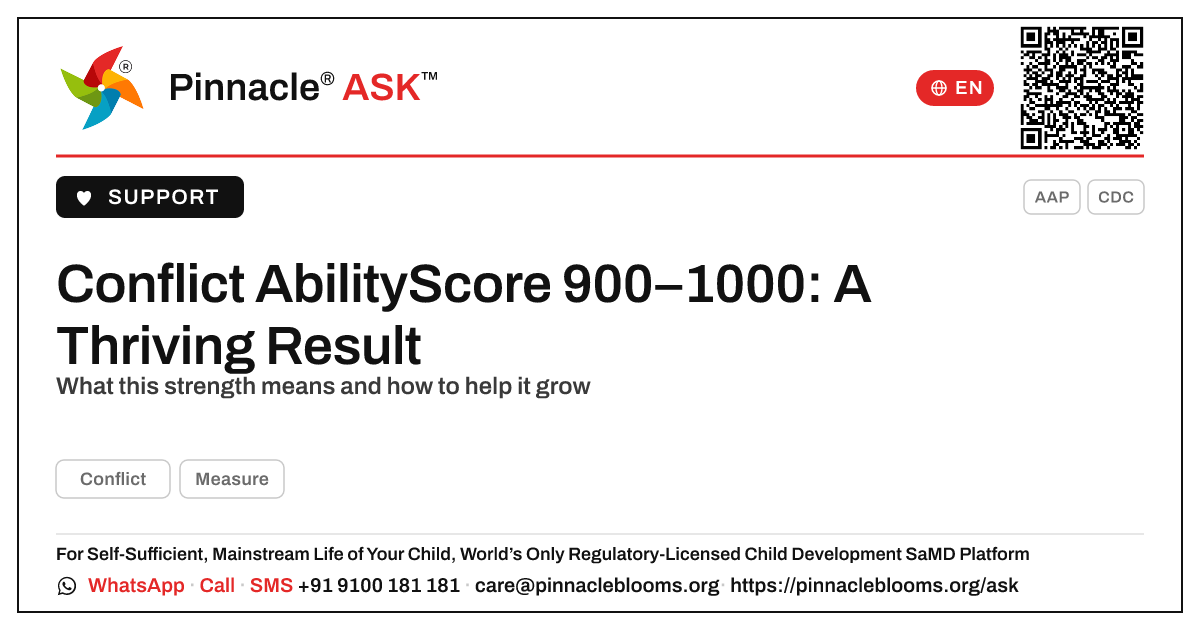 Conflict AbilityScore 900–1000 — Next Steps — Pinnacle Ask answer card with a short explanation and QR link