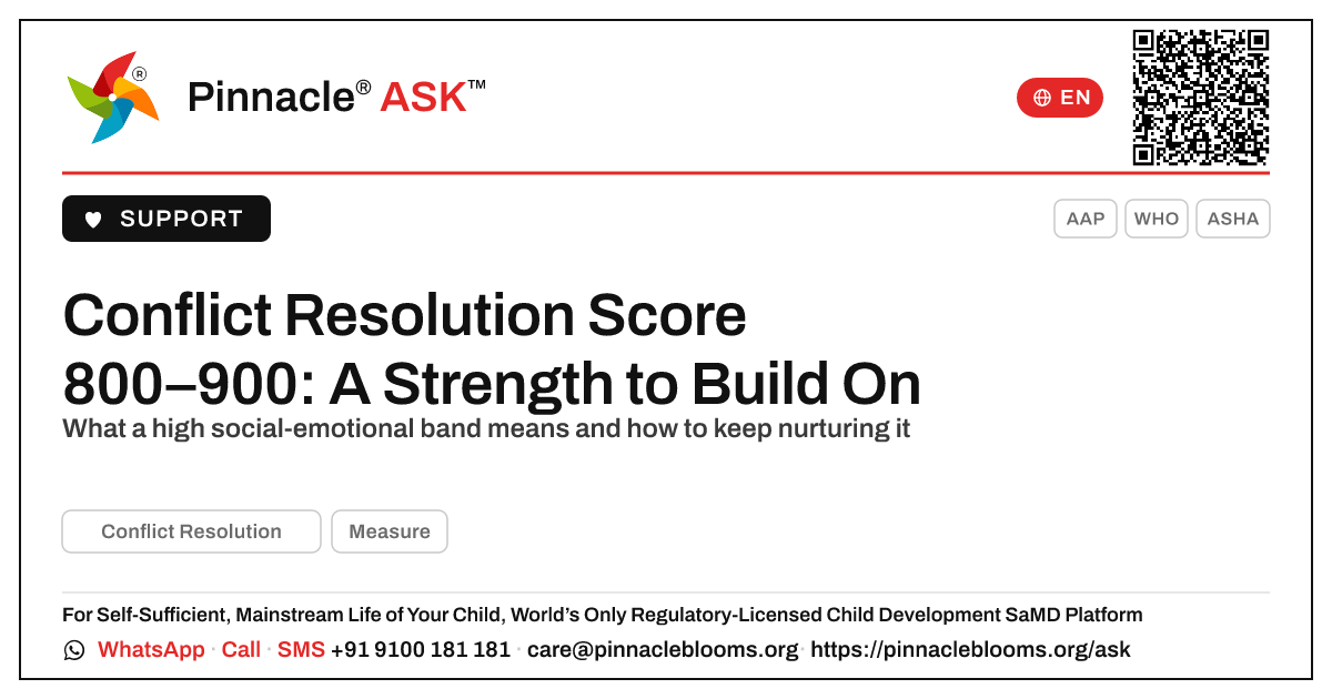 Conflict Resolution AbilityScore 800–900 — Next Steps — Pinnacle Ask answer card with a short explanation and QR link