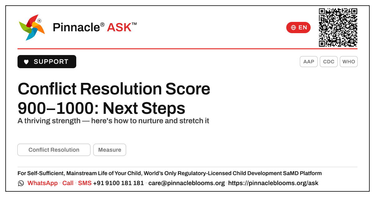 Conflict Resolution AbilityScore 900–1000: Next Steps — Pinnacle Ask answer card with a short explanation and QR link