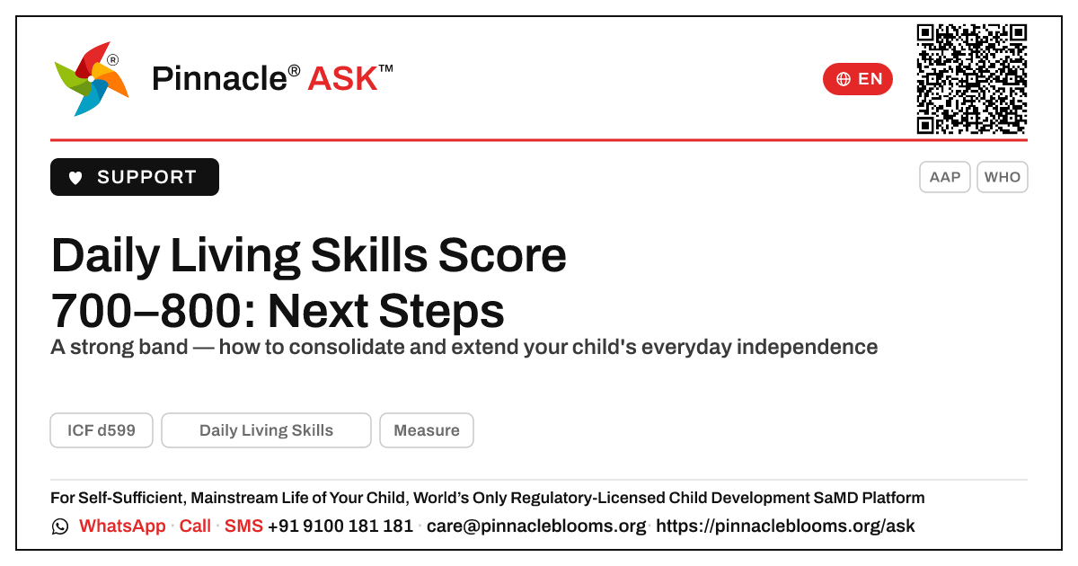Daily Living Skills AbilityScore 700–800 — Next Steps — Pinnacle Ask answer card with a short explanation and QR link