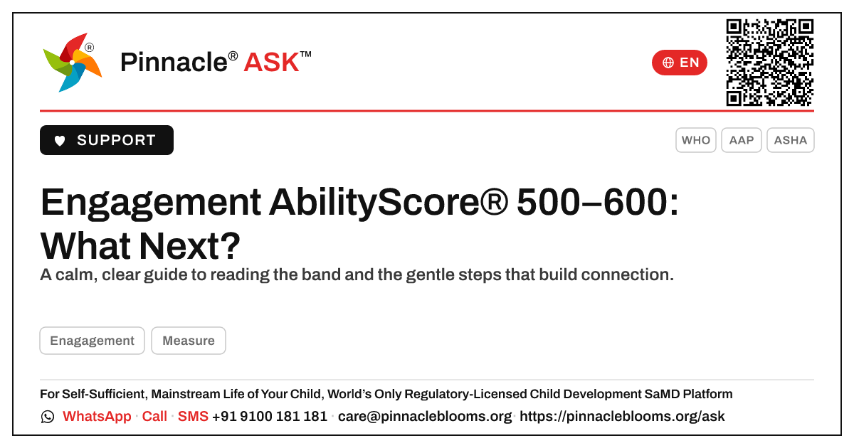 Engagement AbilityScore® 500–600 — What Are the Next Steps? — Pinnacle Ask answer card with a short explanation and QR link