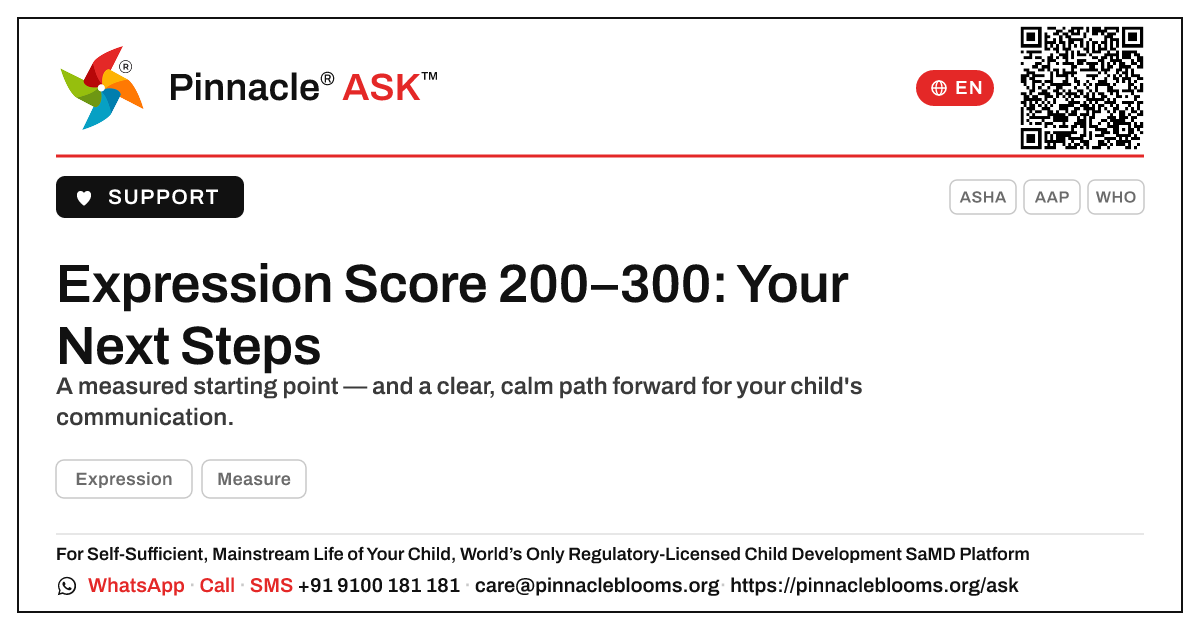 Expression AbilityScore 200–300 — What Are the Next Steps? — Pinnacle Ask answer card with a short explanation and QR link