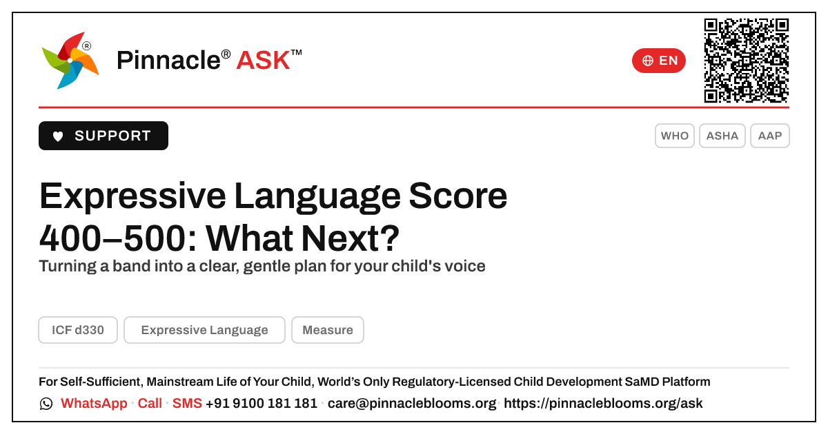 Expressive Language AbilityScore 400–500 — Next Steps — Pinnacle Ask answer card with a short explanation and QR link