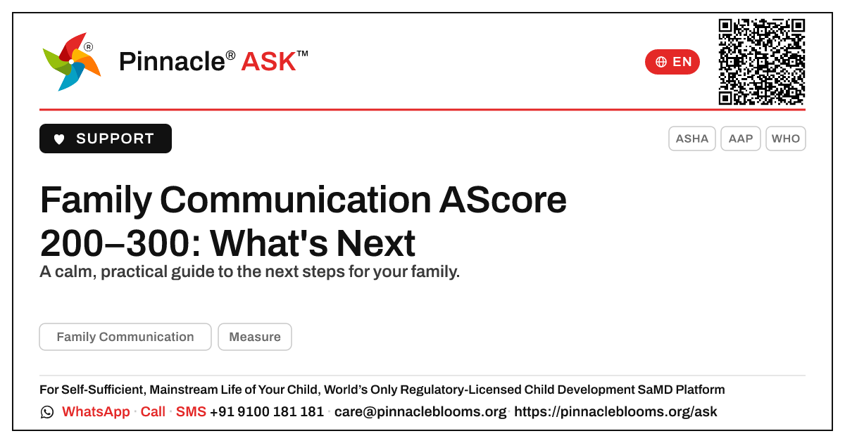 Family Communication AbilityScore 200–300 — Next Steps — Pinnacle Ask answer card with a short explanation and QR link