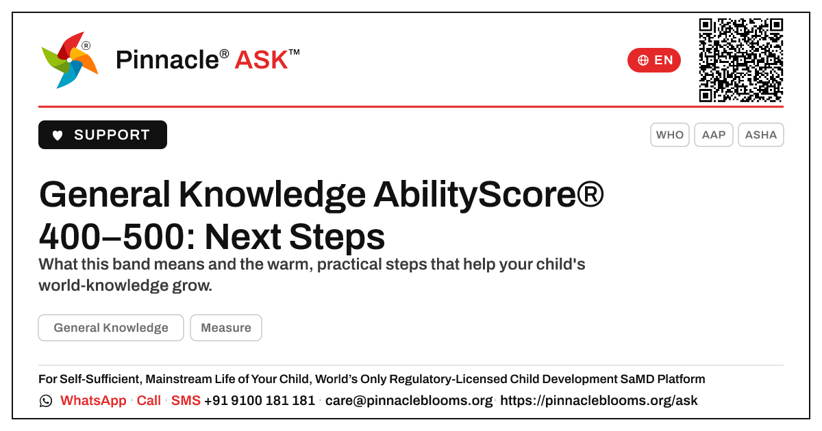 General Knowledge AbilityScore® 400–500 — What Are the Next Steps? — Pinnacle Ask answer card with a short explanation and QR link