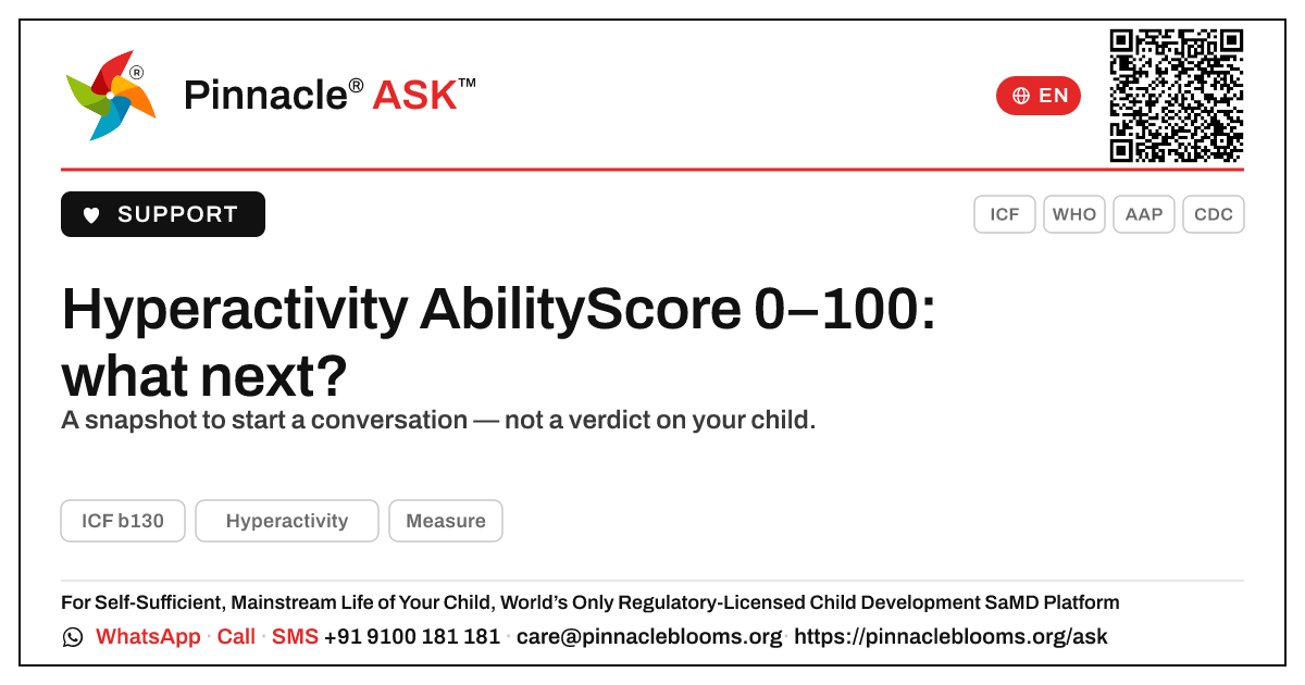Hyperactivity AbilityScore 0–100 — what to do next — Pinnacle Ask answer card with a short explanation and QR link