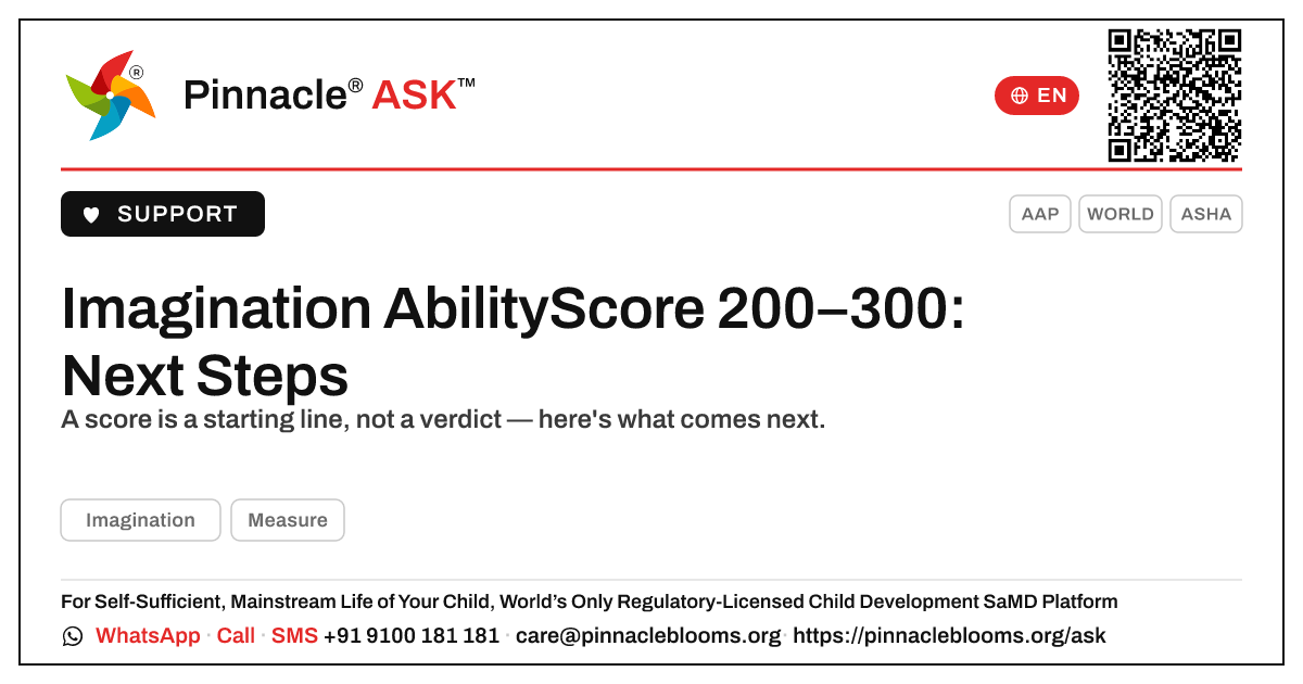 Imagination AbilityScore 200–300 — What Are the Next Steps? — Pinnacle Ask answer card with a short explanation and QR link