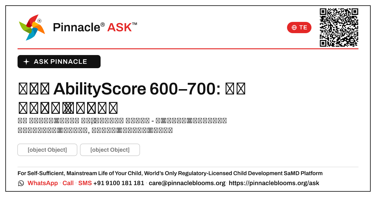 సంస్థ AbilityScore 600–700 — తదుపరి చర్యలు ఏమిటి? — Pinnacle Ask answer card with a short explanation and QR link
