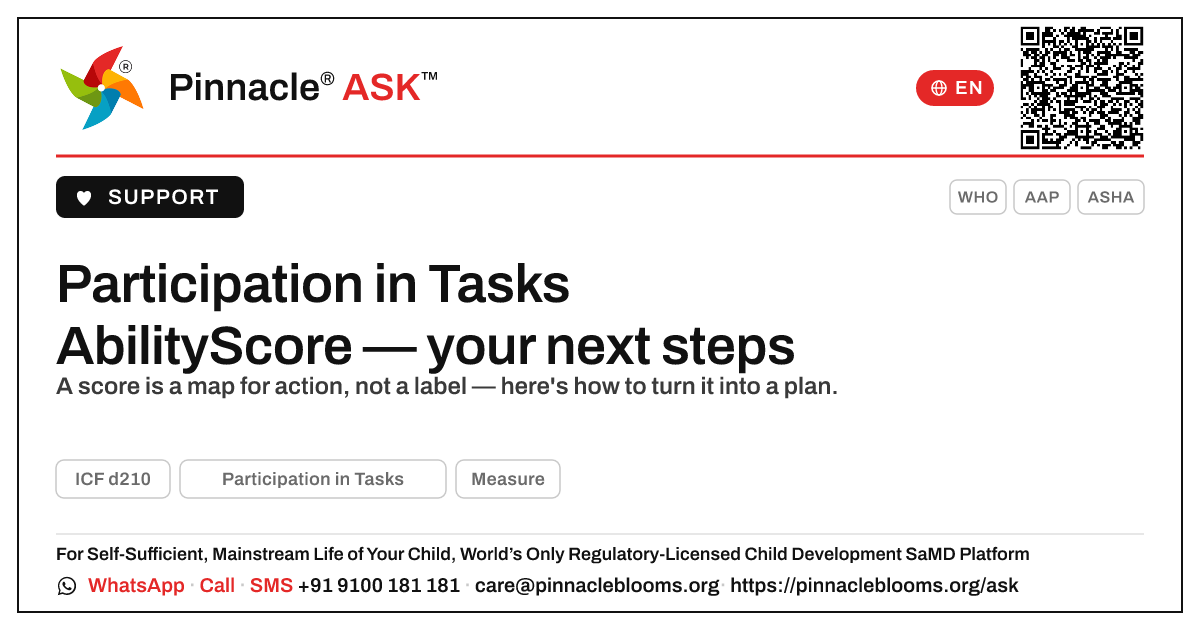 Participation in Tasks AbilityScore — what the band means and your next steps — Pinnacle Ask answer card with a short explanation and QR link