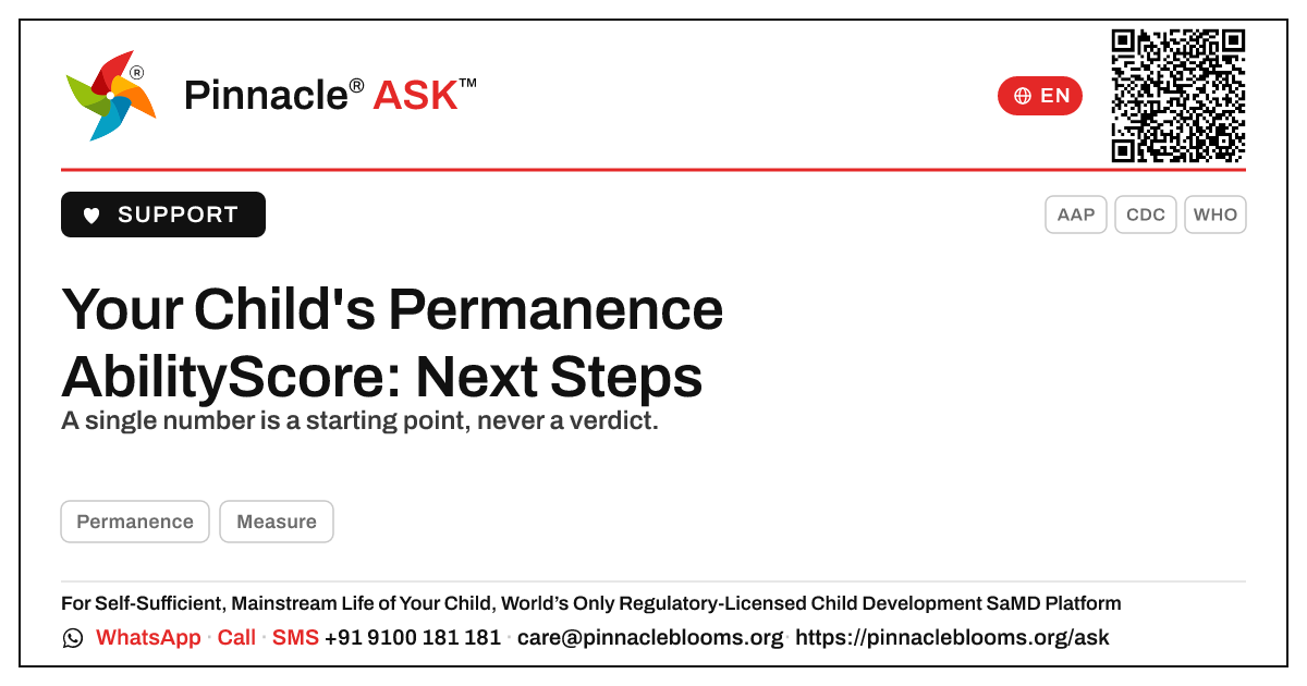 Permanence AbilityScore 0–100: Next Steps for Parents — Pinnacle Ask answer card with a short explanation and QR link