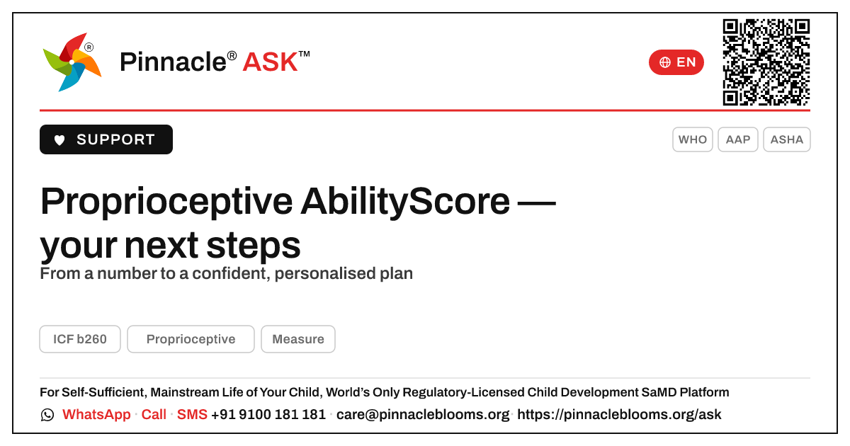 Proprioceptive AbilityScore — what the next steps are — Pinnacle Ask answer card with a short explanation and QR link