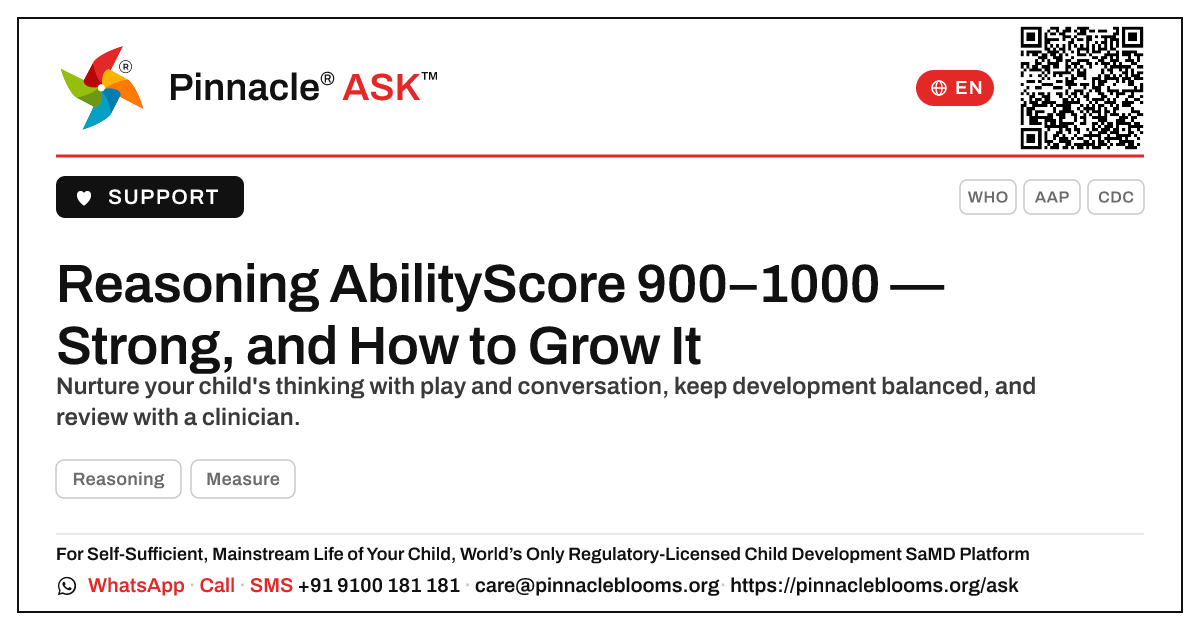 Reasoning AbilityScore 900–1000 — What Are the Next Steps? — Pinnacle Ask answer card with a short explanation and QR link