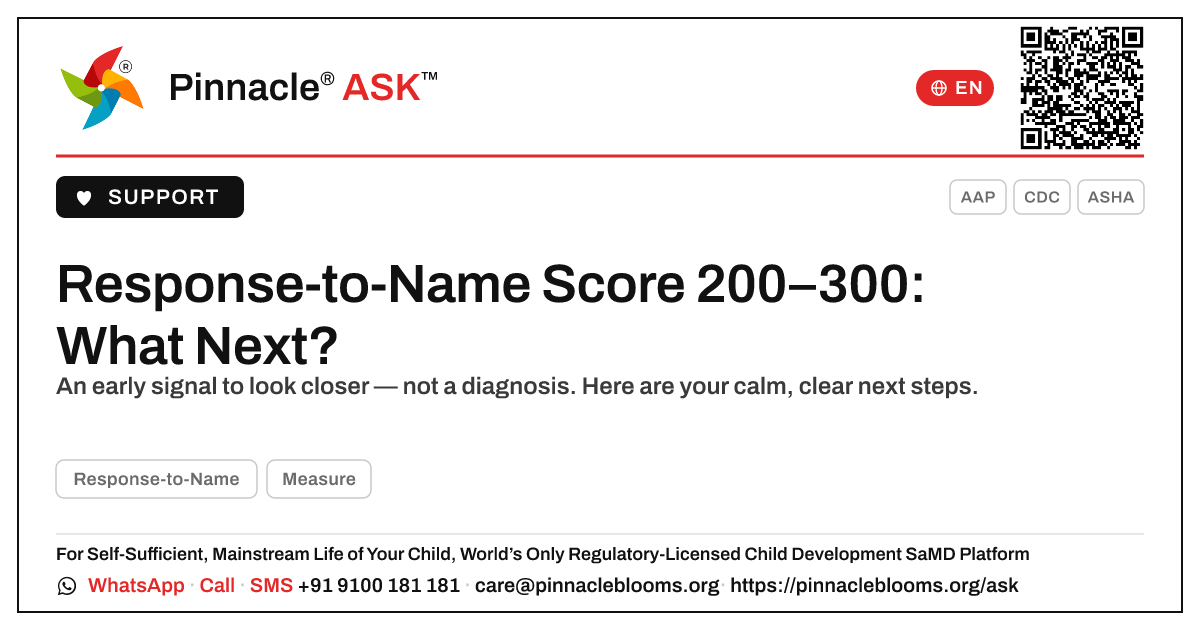 Response-to-Name AbilityScore 200–300: Your Next Steps — Pinnacle Ask answer card with a short explanation and QR link