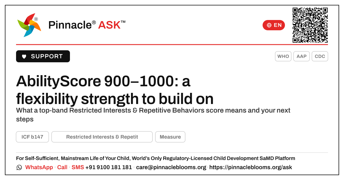 Restricted Interests & Repetitive Behaviors AbilityScore 900–1000: next steps — Pinnacle Ask answer card with a short explanation and QR link