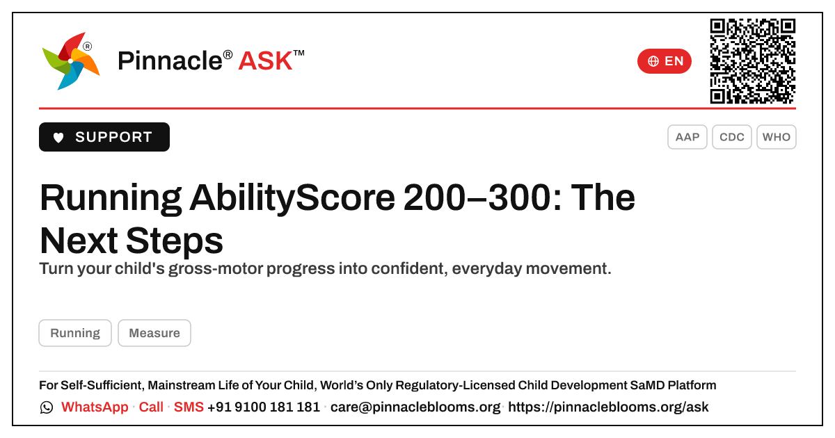 Running AbilityScore 200–300 — What Are the Next Steps? — Pinnacle Ask answer card with a short explanation and QR link